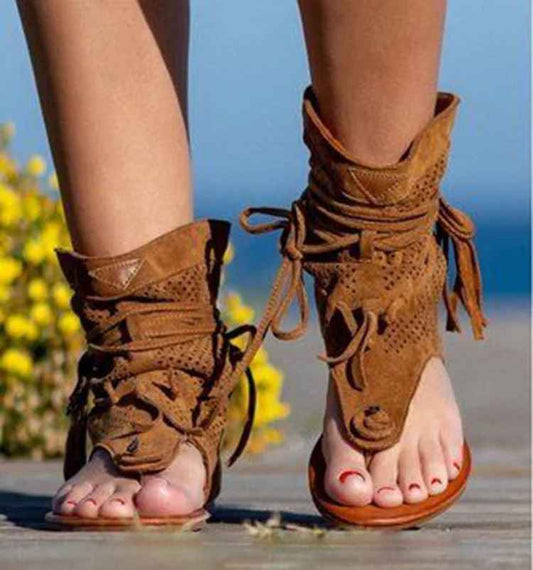 Retro Tassel Lace-Up Sandals
