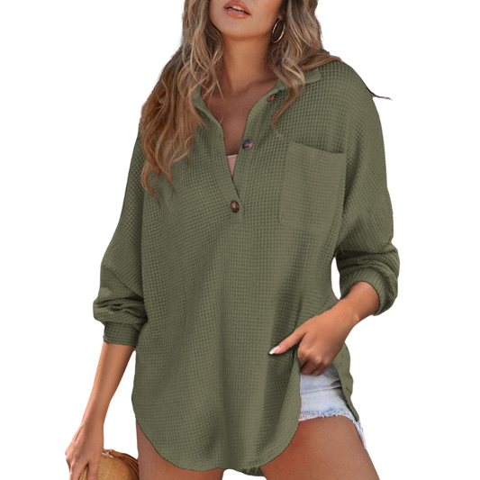Blusa de túnica casual ligera con cuello en V y botones