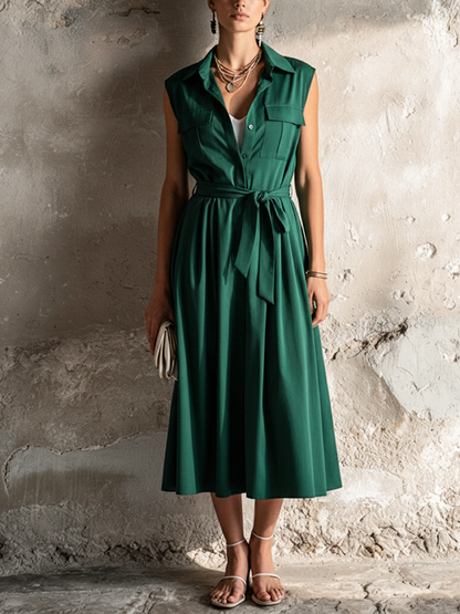 Women's Retro Office Style Dark Green Cotton Blend Lapel Sleeveless Waist Tie Fake Two-Piece Midi Dress