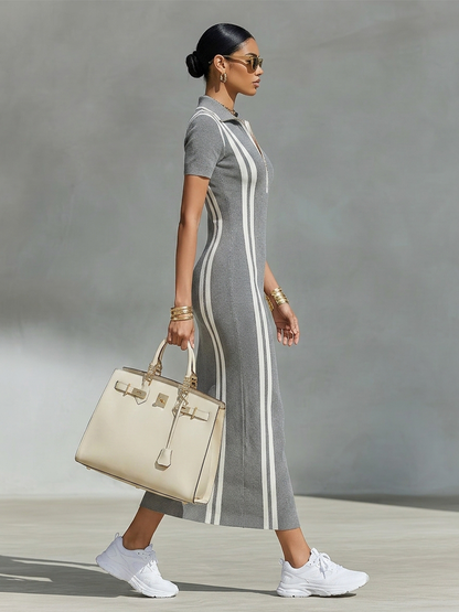 Women's Grey Stretchy Rib Knit Maxi Dress With Zip Polo Collar & Vertical Side Stripes, Chic Sporty Bodycon Pencil Dress