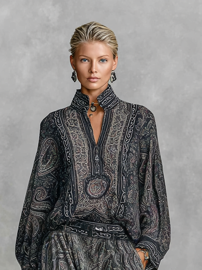 Women's Vintage Paisley Print Stand-up Collar Long Sleeve Shirt Trousers Two-piece Set