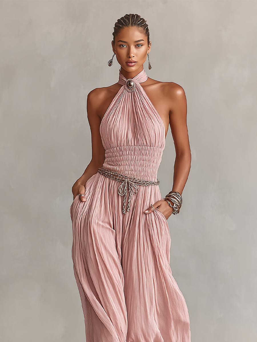 Women's Blush Pleated Jumpsuit With Halter Neck & Ruched Waist, Timeless Romantic-Elegant Style Jumpsuit (without Belt)
