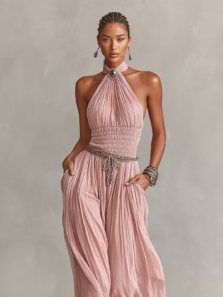Women's Blush Pleated Jumpsuit With Halter Neck & Ruched Waist, Timeless Romantic-Elegant Style Jumpsuit (without Belt)