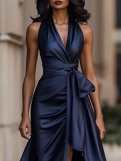 Violet & Grace - Midnight Elegance Satin Halter Ruffle Gown