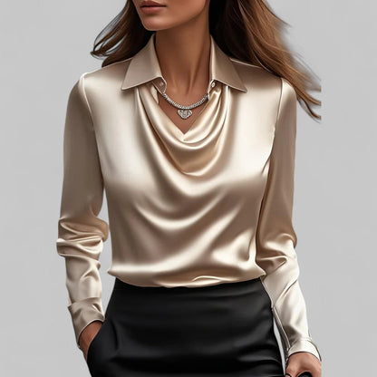 Women’s Draped Neck Long Sleeve Satin Blouses