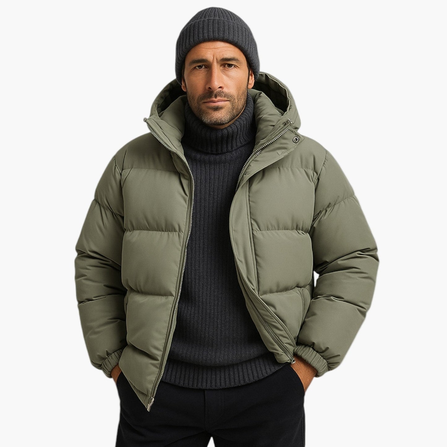 Men’s Quilted Winter Zip-Up Hooded Jacket