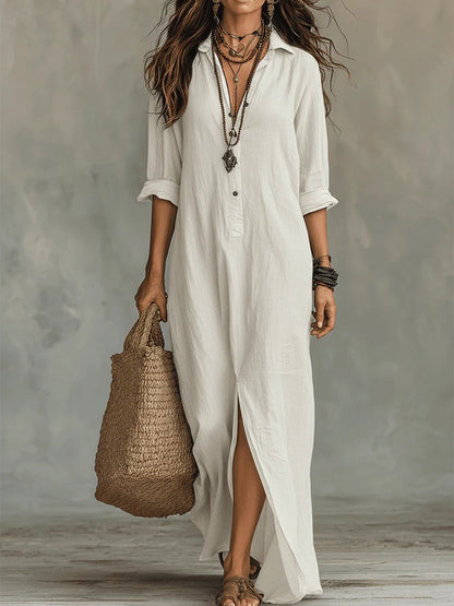 Soline™ | Loose Black Maxi Dress with Buttons