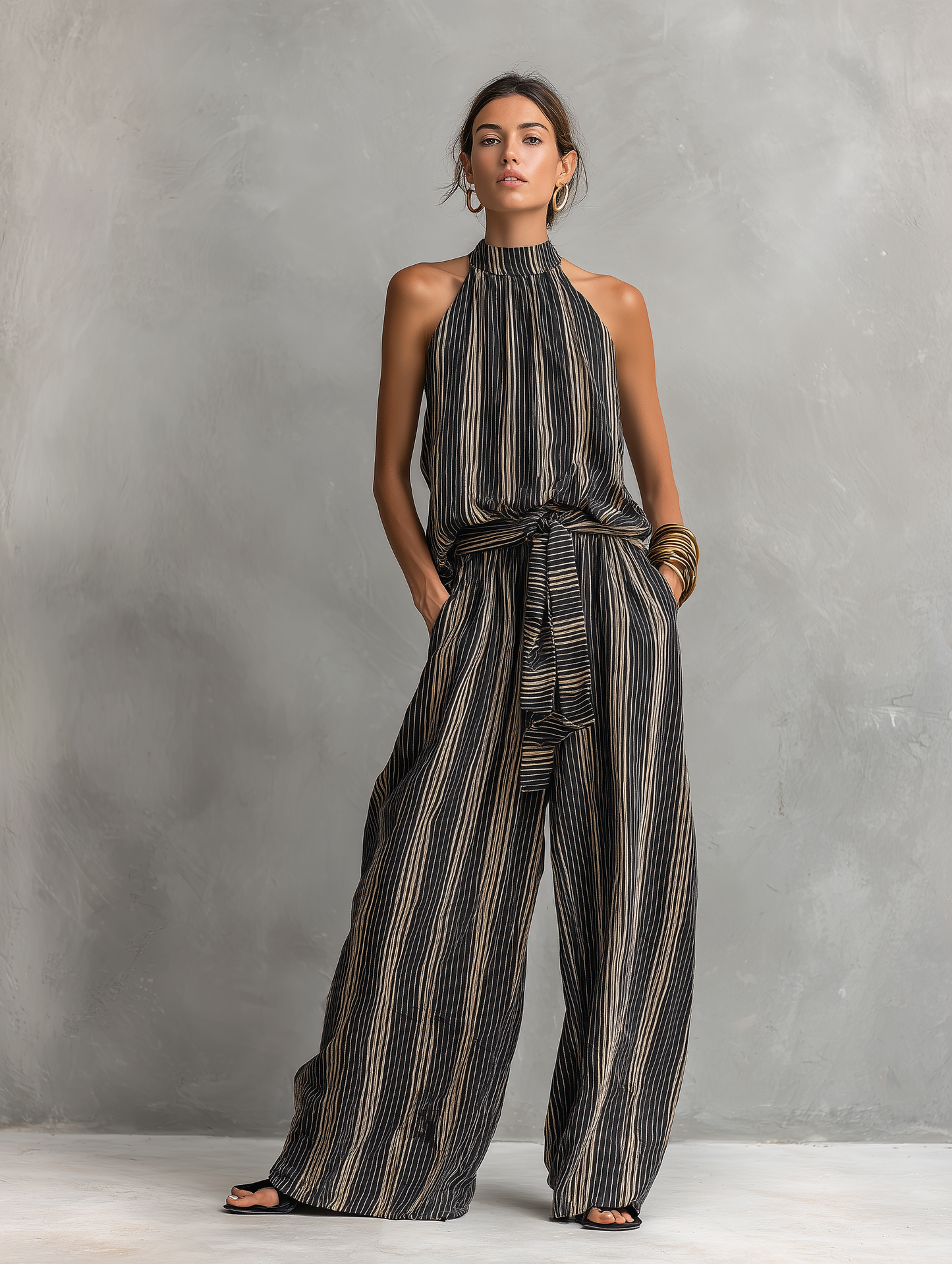 Women's Elegant Striped Printed Woven Round Neck Sleeveless Top Paired With Trousers Set