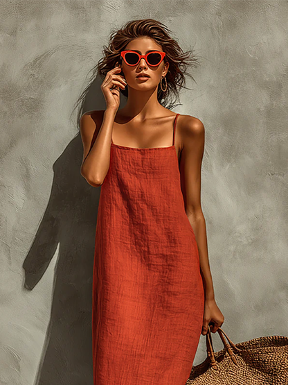 Women's Red Cotton Dress With Spaghetti Straps & Square Neck, Timeless Boho-Resort Style Dress
