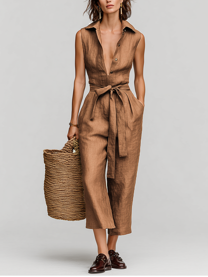 Women's Tobacco Brown Linen Jumpsuit With Self-Tie Waist & Collared V-Neck, Timeless Resort-Casual Style Jumpsuit