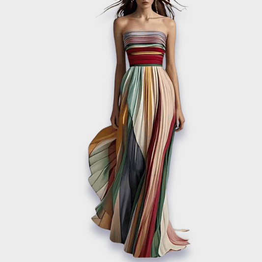 Colorblock Pleated Strapless Maxi Dress