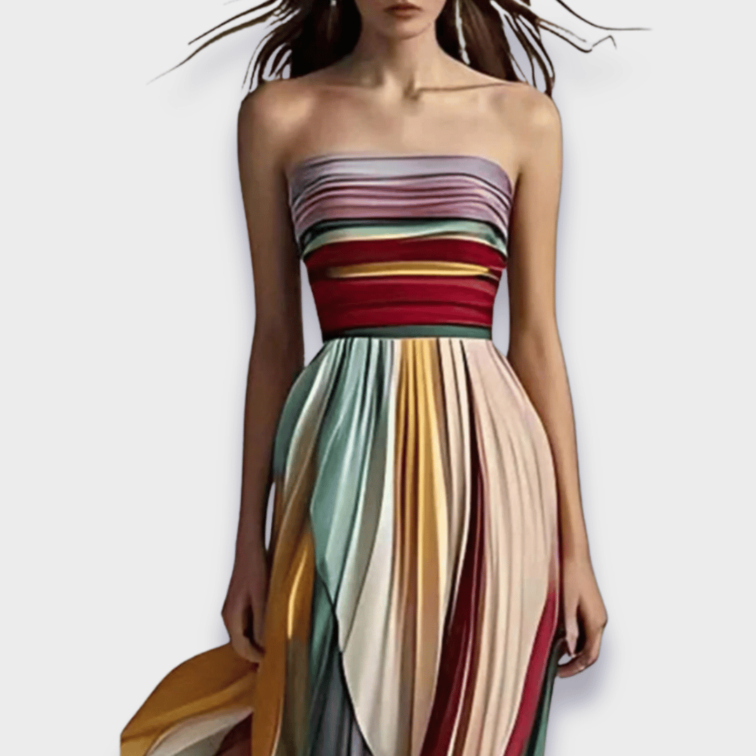 Colorblock Pleated Strapless Maxi Dress
