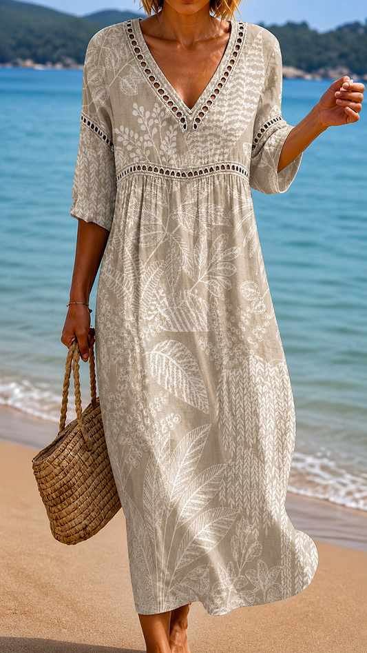 Soft Midi Dress with Natural Leaf Print