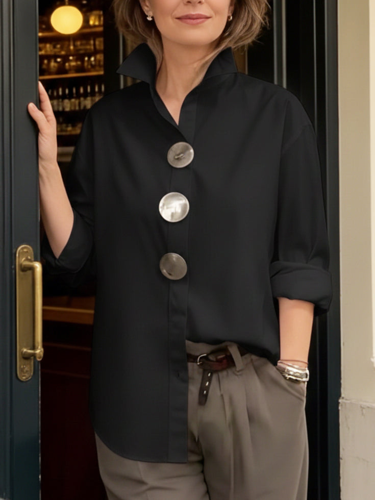 Cotton Linen Blouse with Elegant Collar and Metal Buttons