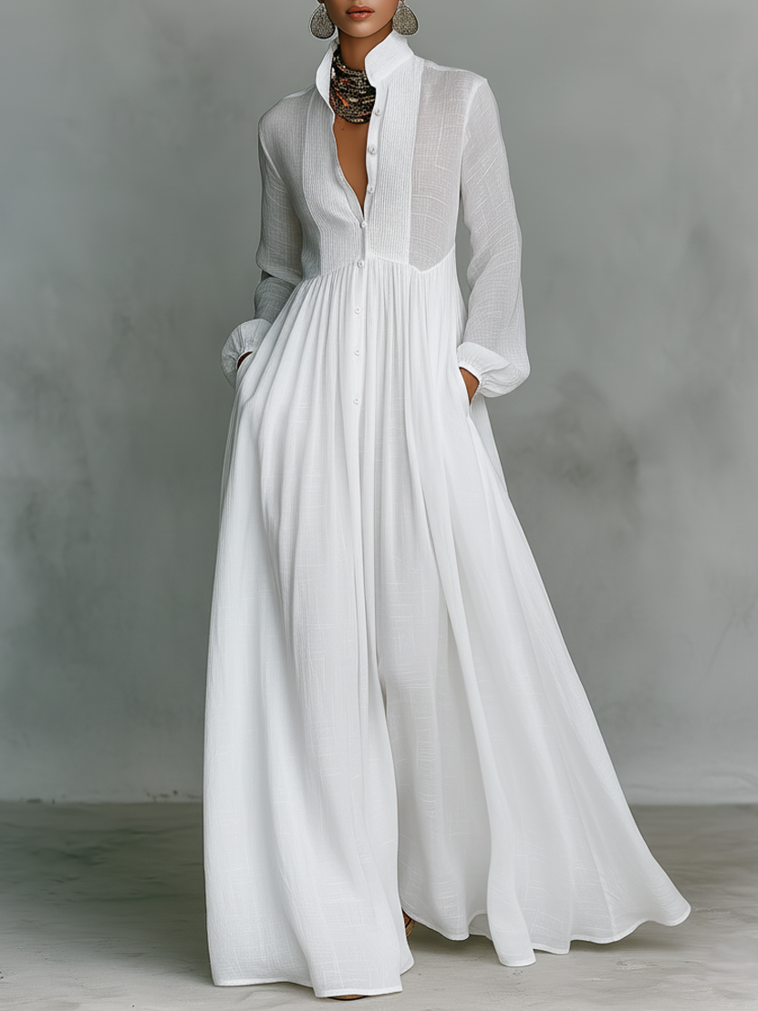 Minimalist Maxi Dress with Patchwork, High Collar and Long Sleeves
