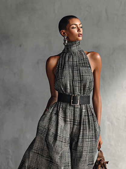 Women's Plaid High Collar Sleeveless Belted Maxi Dress