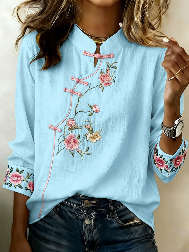 Women'S Floral Art Stand Up Collar Buckle Elegant Casual Long Sleeved Shirt