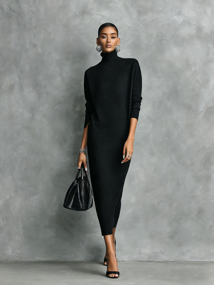 Women's Elegant Black Knitted Turtleneck Long-sleeved Loose-fitting Midi Dress With No Pockets