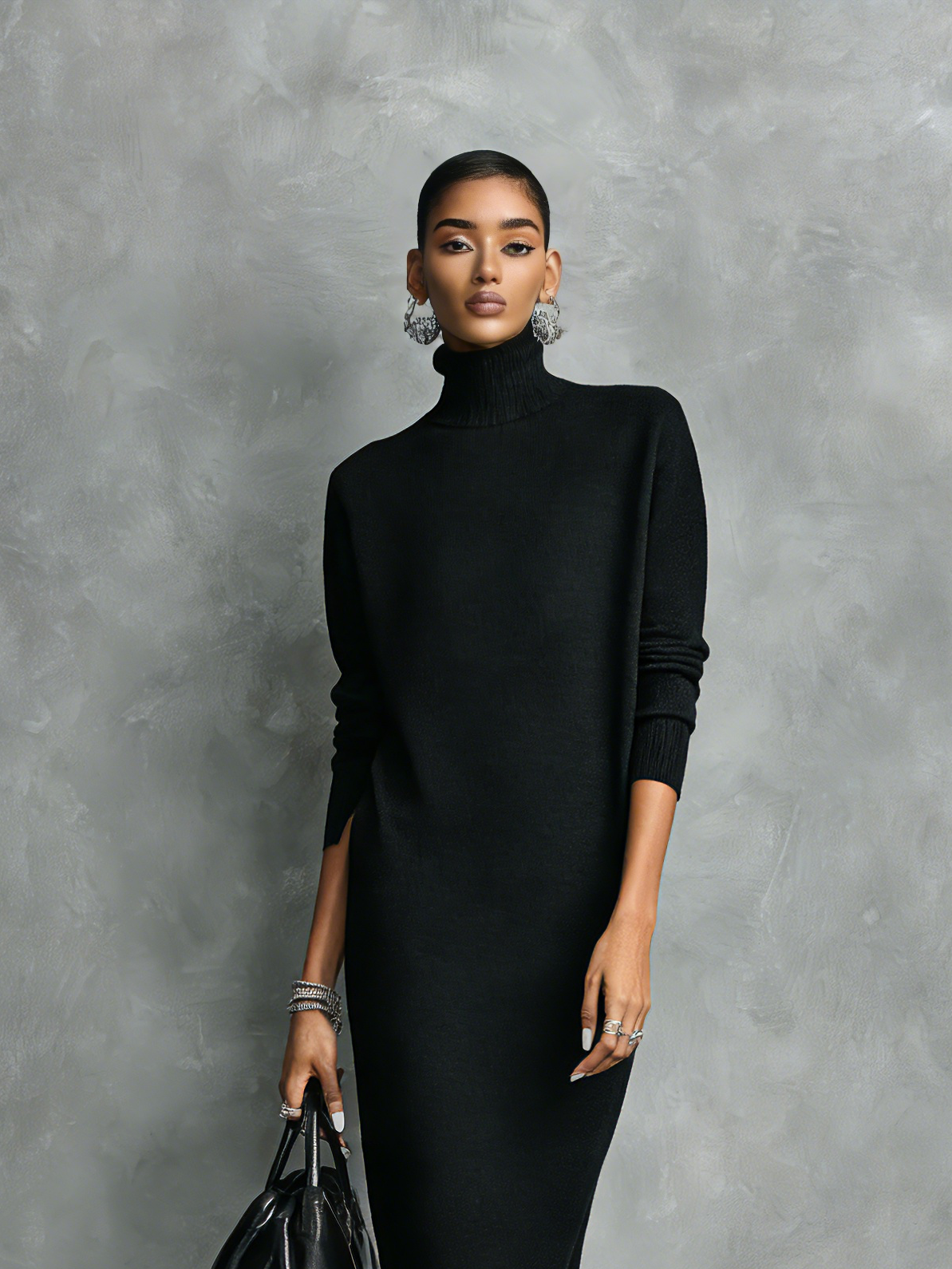 Women's Elegant Black Knitted Turtleneck Long-sleeved Loose-fitting Midi Dress With No Pockets
