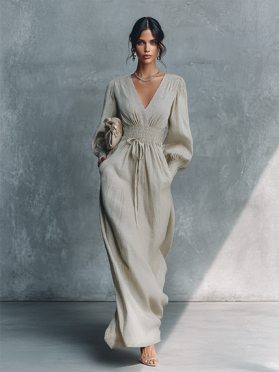 Women's Beige Cotton Linen Striped V-Neck Shirred Waist Maxi Dress