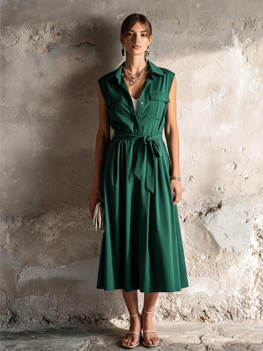 Women's Retro Office Style Dark Green Cotton Blend Lapel Sleeveless Waist Tie Fake Two-Piece Midi Dress