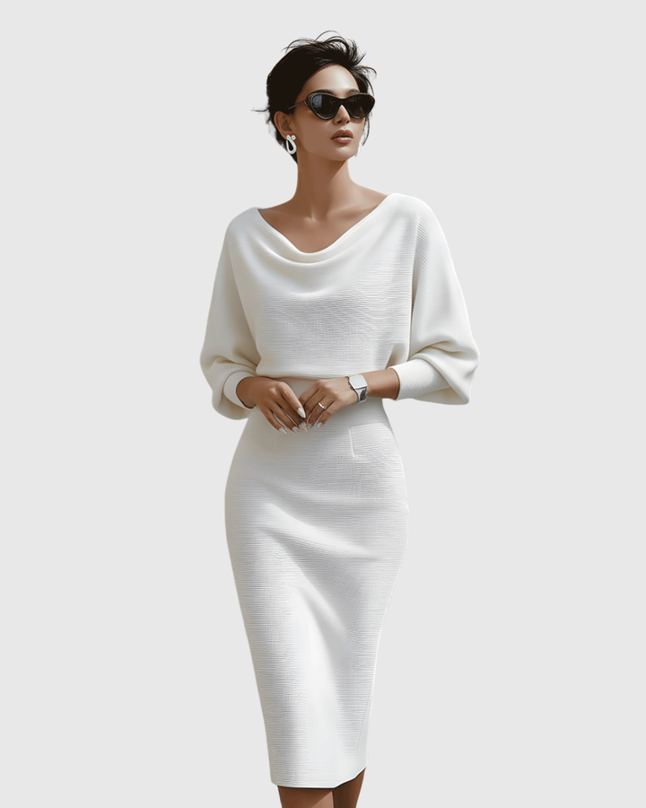 Ismeria | Vestido Midi Blanco Drapeado con Manga Murciélago