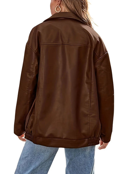 Chaqueta bomber de cuero oversized clásica para mujer