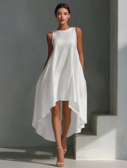Women's White Linen Fabric Sleeveless Midi Dress With Round Neck & Asymmetric Hem