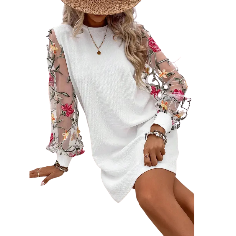 Floral Embroidered Bishop Sleeve Dress