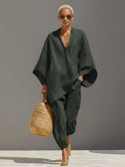 Women's Neutral Linen Set With Asymmetric Hem & Minimalist Design, Sophisticated Daily-Casual Style Set