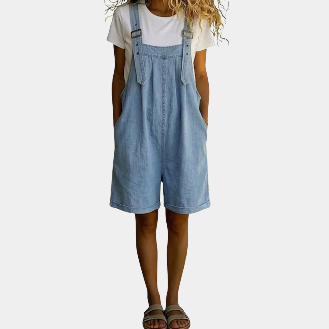 Clara | Vintage Washed Soft Cotton Feel Denim Short Overall Light Blue
