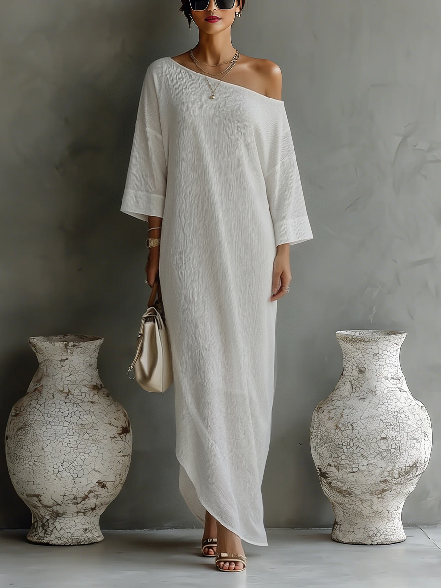 Women's Ivory White Cotton-Linen Blend One-Shoulder Flowing Elegant Dress