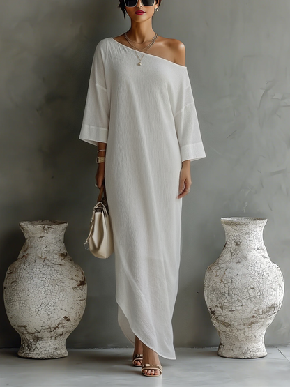 Women's Ivory White Cotton-Linen Blend One-Shoulder Flowing Elegant Dress