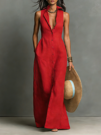 Women's Minimalist Linen-Blend Collared Single-Breasted Sleeveless Maxi Shirt Dress