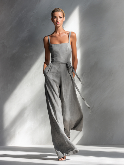 Women's Minimalist Linen Blend Gray Spaghetti-Strap Square-Neck Tie-Waist Wide-Leg Jumpsuit