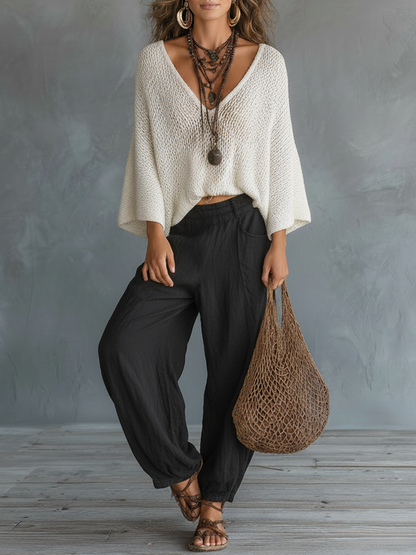 Women's Minimalist Lightweight Cape-sleeved Sweater And Harem Pants Set