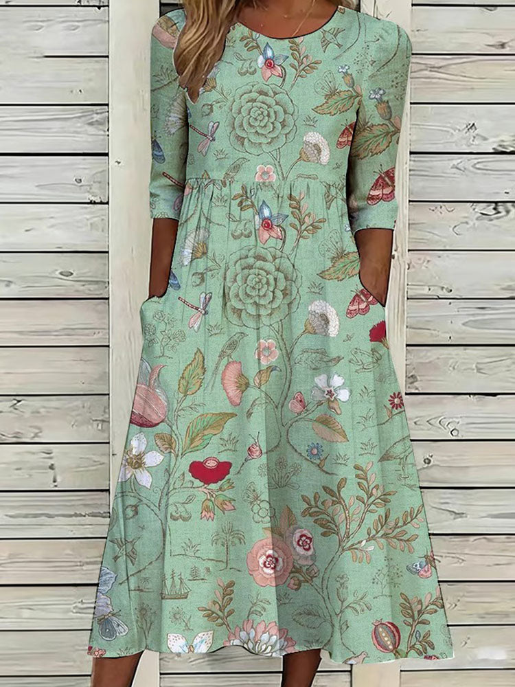 Women'S Retro Floral Art Printed Casual Dress