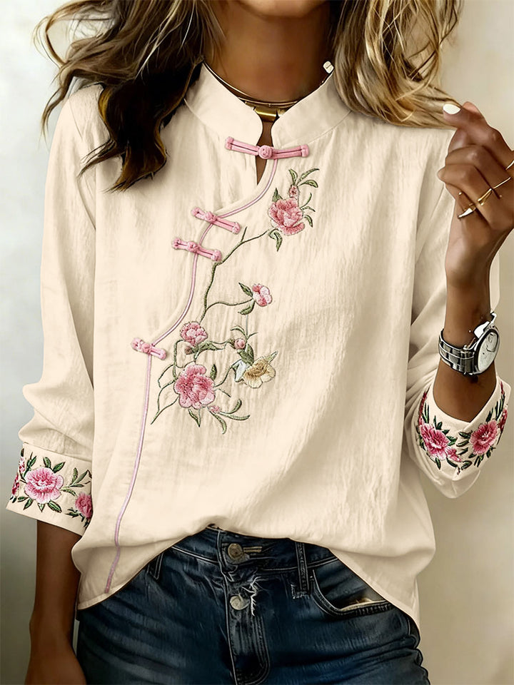 Women'S Floral Art Stand Up Collar Buckle Elegant Casual Long Sleeved Shirt