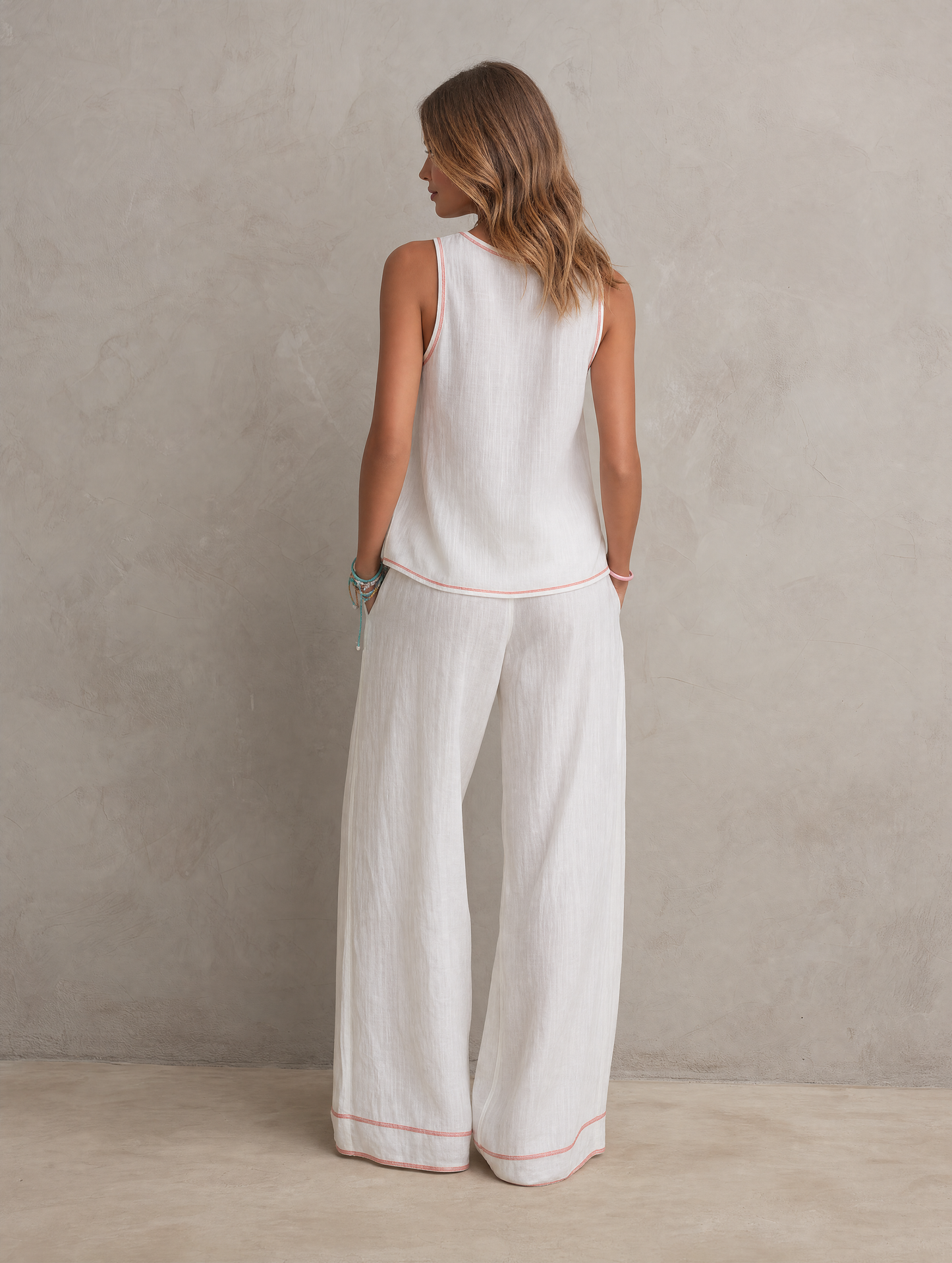 Women's Casual White And Pink Cotton-linen Sleeveless Round-neck Top Paired With Trousers