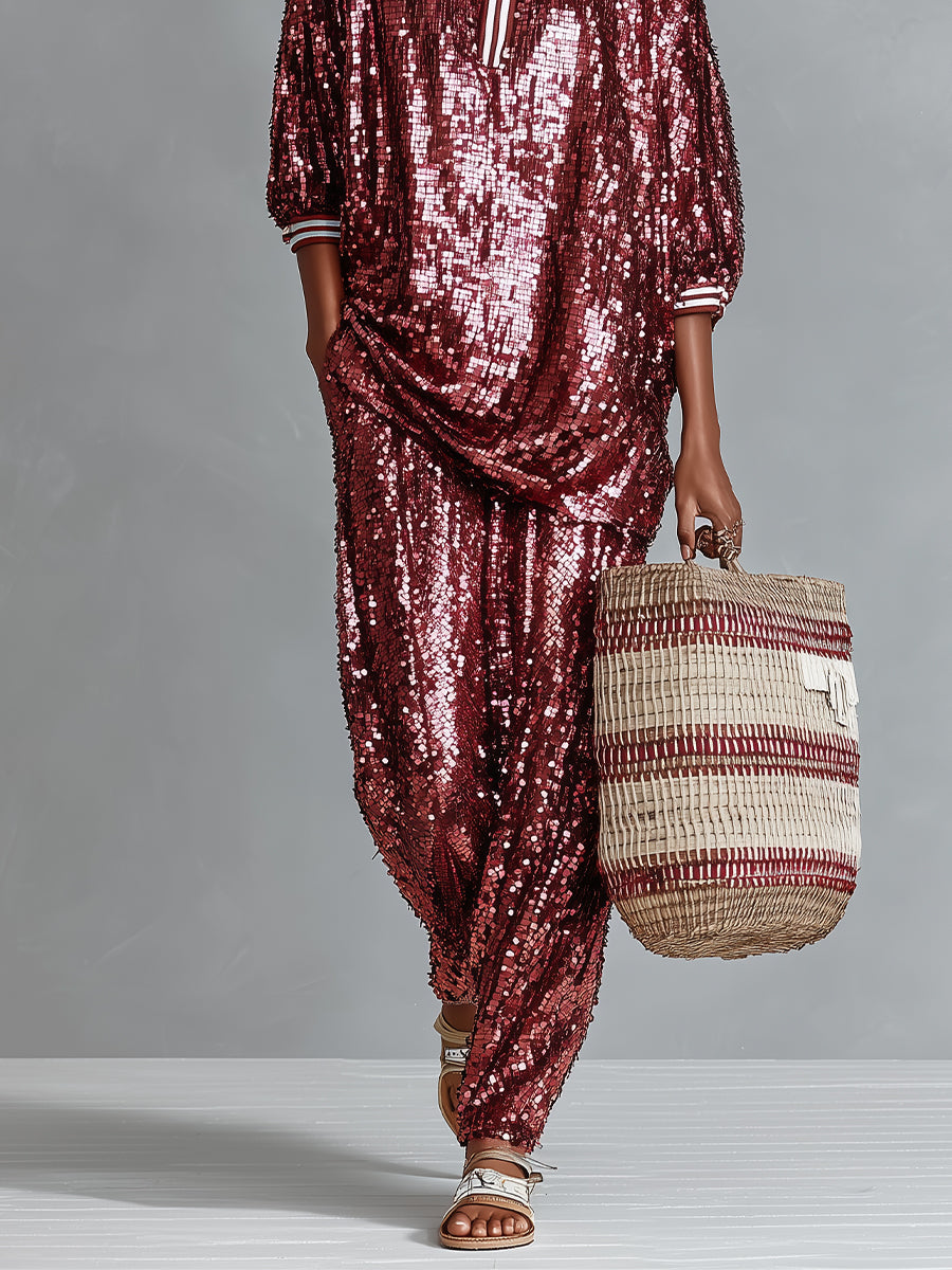 Women's Burgundy Glamorous Sequin Striped - Trimmed Oversized Loungewear Set