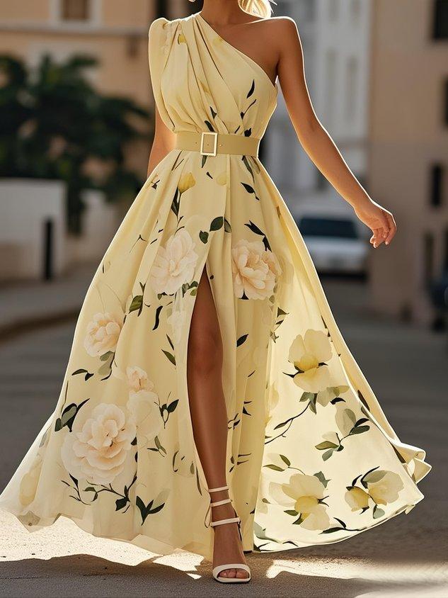 Julie | Light Green Floral One-Shoulder Maxi Dress