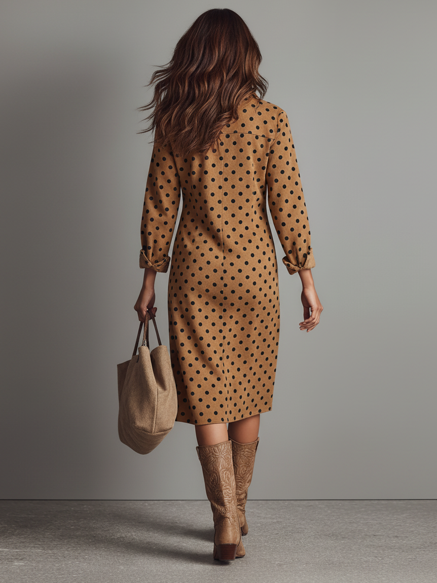 Women's Polka Dot Faux Suede Shirt Midi Dress