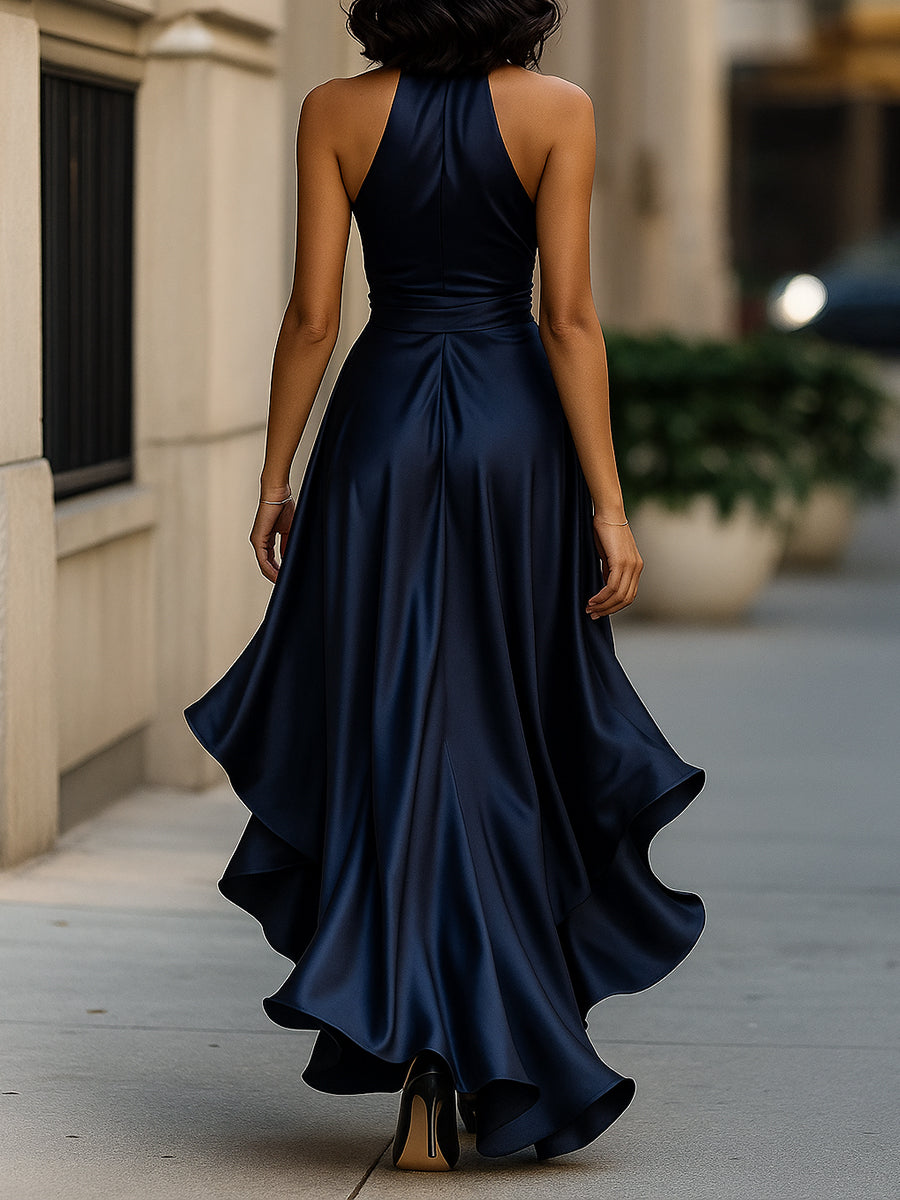Violet & Grace - Midnight Elegance Satin Halter Ruffle Gown