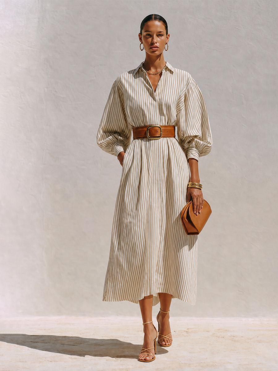 Women's Elegant Ivory Cotton Blend Pinstripe Collared Button-Front Balloon Sleeve Belted Midi Shirt Dress