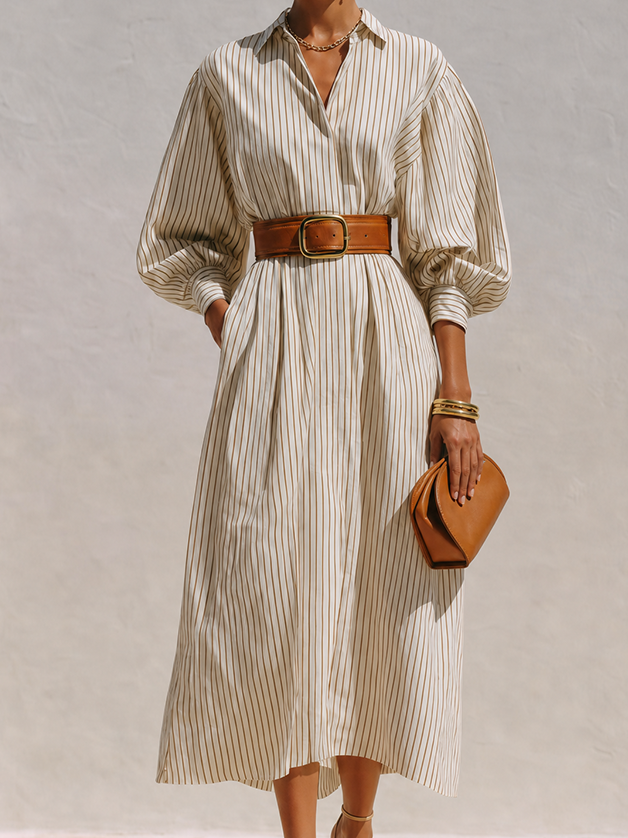 Women's Elegant Ivory Cotton Blend Pinstripe Collared Button-Front Balloon Sleeve Belted Midi Shirt Dress