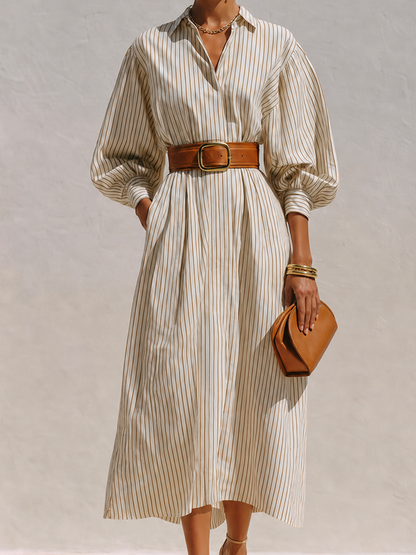 Women's Elegant Ivory Cotton Blend Pinstripe Collared Button-Front Balloon Sleeve Belted Midi Shirt Dress