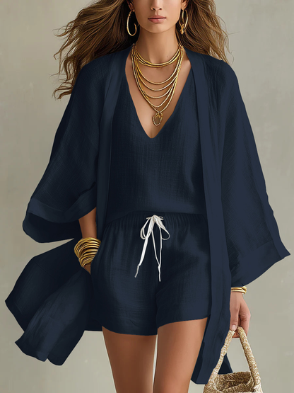 Camila | Three-Piece Polyester-Linen Cardigan & Shorts Set