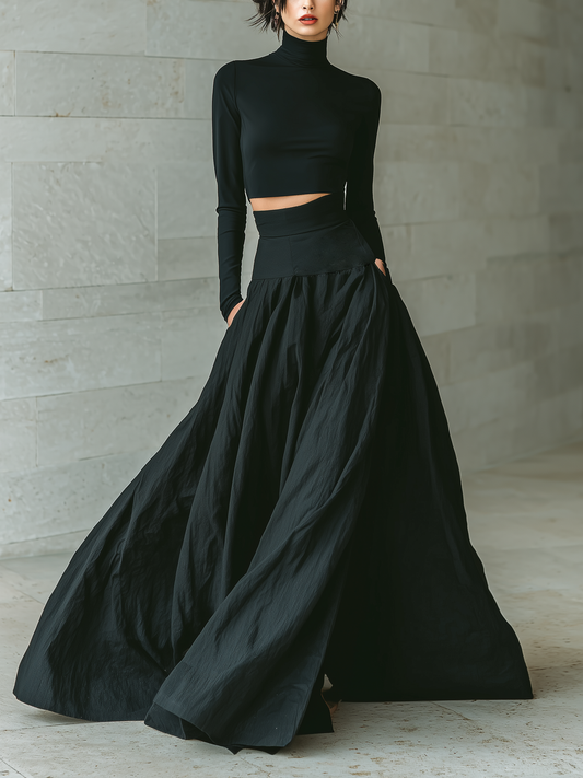 Women's Fashionable And Elegant Black Fitted Turtleneck Long-sleeved Cropped Top Paired With A Black Long Skirt
