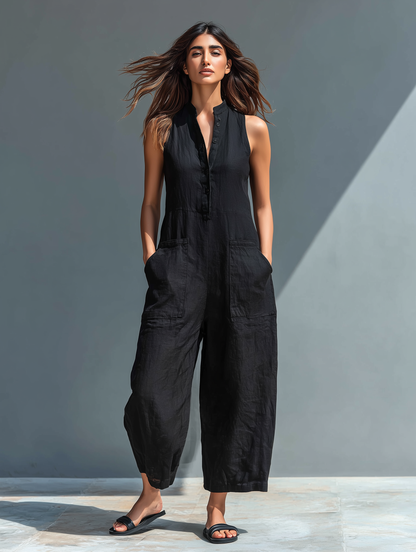 Sleeveless Minimalist Jumpsuit for Women with High Collar and Buttons