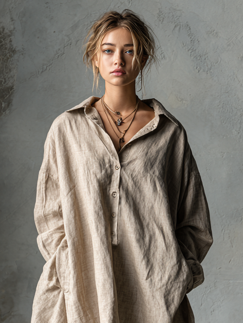Women's Fashion Loose Cotton And Linen Button Lapel Mini Dress